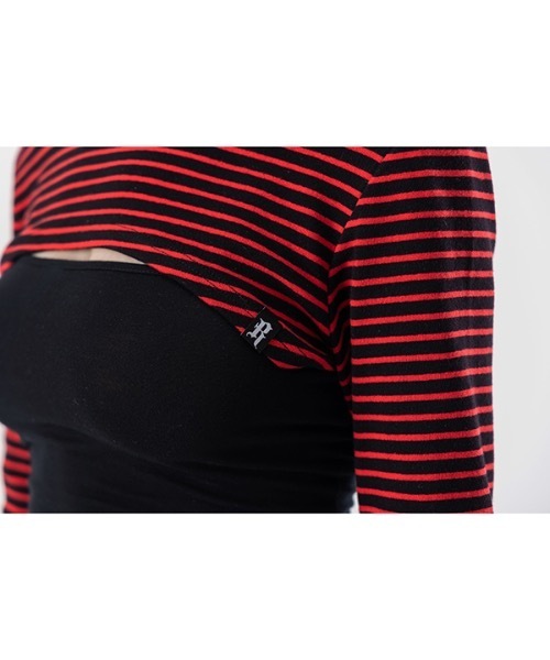 runningHIGH（ランニングハイ）の「【RUNNING HIGH 】ストライプスリムボレロトップ / STRIPE SLIM BOLERO TOP（Tシャツ/カットソー・レディース・ブラック×レッド・FREE）」の5枚目の写真