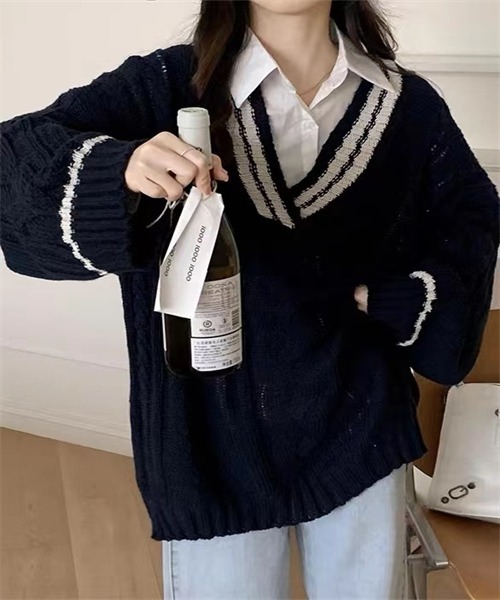 セール】配色ラインVネックオーバーサイズニットプルオーバー