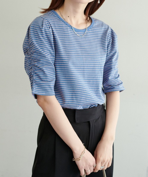 DISCOAT(ディスコート)の「ボーダーパワショル5分袖プルオーバー(Tシャツ/カットソー・レディース・ブラック/オフホワイト/ブルー・FREE)」の11枚目の写真