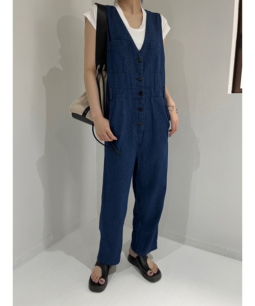 セール】深Vネックデニムオーバーオール（サロペット/オーバーオール