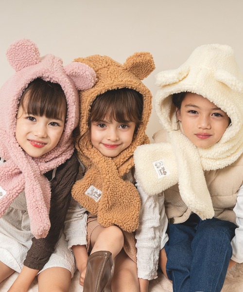 URBAN CHERRY(アーバンチェリー)の「くま耳付きスヌードドッキングボアキャップ(ニットキャップ/ビーニー・キッズ・アイボリー/ベージュ/ピンク・FREE)」の5枚目の写真