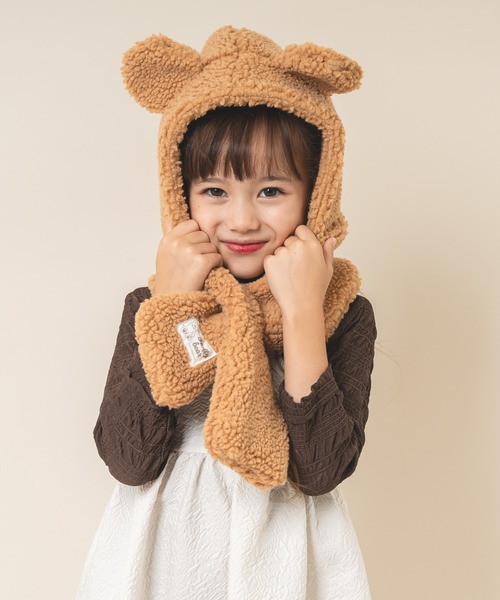 URBAN CHERRY(アーバンチェリー)の「くま耳付きスヌードドッキングボアキャップ(ニットキャップ/ビーニー・キッズ・アイボリー/ベージュ/ピンク・FREE)」の11枚目の写真
