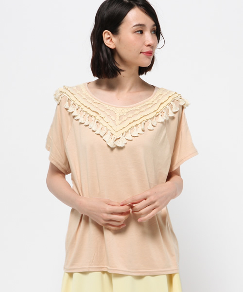 mystic（ミスティック）の「フリンジ切替ティー（Tシャツ/カットソー・レディース・オフホワイト/グレー/ベージュ/ブラック・ﾌﾘ-）」の4枚目の写真