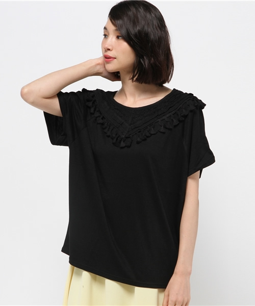 mystic（ミスティック）の「フリンジ切替ティー（Tシャツ/カットソー・レディース・オフホワイト/グレー/ベージュ/ブラック・ﾌﾘ-）」の2枚目の写真