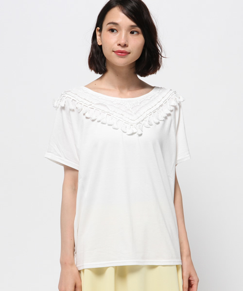 mystic（ミスティック）の「フリンジ切替ティー（Tシャツ/カットソー・レディース・オフホワイト/グレー/ベージュ/ブラック・ﾌﾘ-）」の9枚目の写真