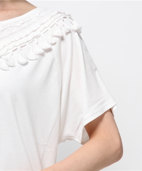 mystic（ミスティック）の「フリンジ切替ティー（Tシャツ/カットソー・レディース・オフホワイト/グレー/ベージュ/ブラック・ﾌﾘ-）」の6枚目の写真