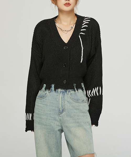 カーディガン 「HOOK」for girls クレイジーステッチショット丈ニットカーディガン レディース セール】【HOOK】for girls クレイジーステッチショット丈ニット