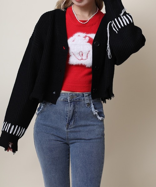 HOOK（フック）の「【HOOK】for girls クレイジーステッチショット丈ニットカーディガン（カーディガン/ボレロ・レディース・グレー/ブラック・S/M/L）」の21枚目の写真