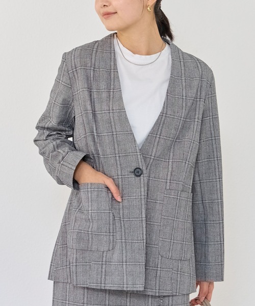 LAVEANGE（ラビアンジェ）の「グレンチェックジャケット/セットアップ対応（ノーカラージャケット・レディース・ブラック/チャコールグレー・4L/M/LL/3L）」の11枚目の写真