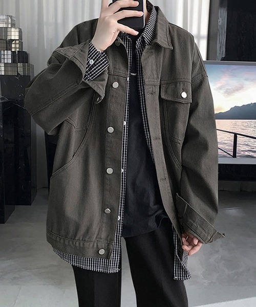 SETUP7（セットアップセブン）の「【SETUP7】ビッグシルエットコットンシャツジャケット KNF037（カバーオール・メンズ・ダークグレー/ベージュ/ブラック・M/L）」の3枚目の写真