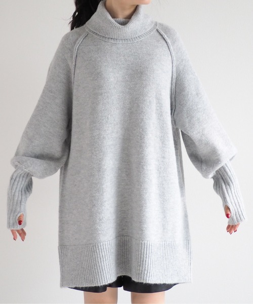 cepo（セポ）の「ロングカフス バックリンキングタートルニット（チュニック・レディース・グレー/ベージュ/ブルー・M）」の19枚目の写真