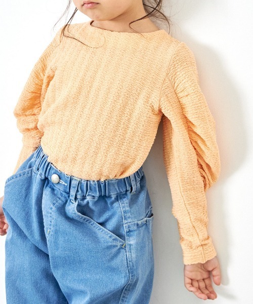 MAKE YOUR DAY（メイクユアデイ）の「シャーリングパフスリーブ長袖Tシャツ■80～140cm（Tシャツ/カットソー・キッズ・オレンジ/ライム/オフホワイト・140/120/100/90/130/110/80）」の3枚目の写真