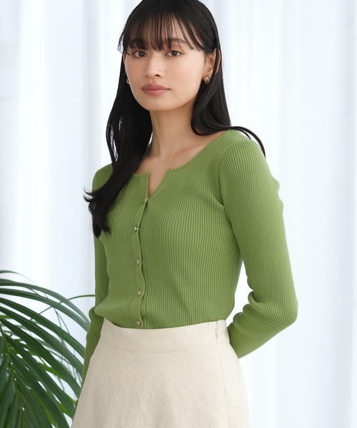 スカーラリブニットトレンカ　グリーン　L 新品 TRUDEA（トルディア）の「スリットネックリブカーディガン