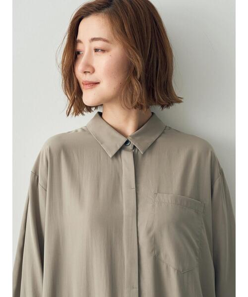 Editt by YECCA VECCA（エディットバイイェッカヴェッカ）の「リブ袖シャーリングシャツワンピース（シャツワンピース・レディース・グレイッシュベージュ・FREE）」の7枚目の写真
