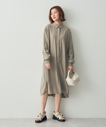 リブ袖シャーリングシャツワンピース