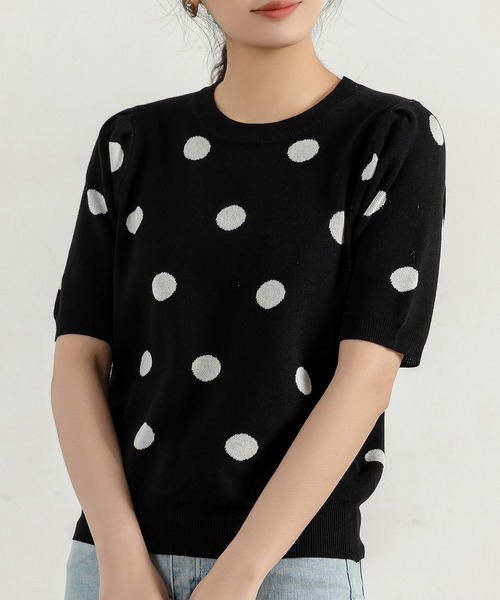 DAY CLOSET（デイ クローゼット）の「レディース 半袖レトロガーリーハイゲージニットトップス（ニット/セーター・レディース・ブラック/ホワイト/ブラック系その他/グレイッシュベージュ・FREE）」の3枚目の写真