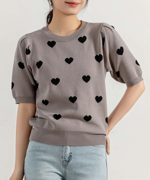 DAY CLOSET（デイ クローゼット）の「レディース 半袖レトロガーリーハイゲージニットトップス（ニット/セーター・レディース・ブラック/ホワイト/ブラック系その他/グレイッシュベージュ・FREE）」の4枚目の写真