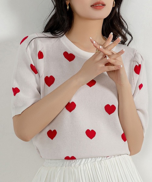 DAY CLOSET（デイ クローゼット）の「レディース 半袖レトロガーリーハイゲージニットトップス（ニット/セーター・レディース・ブラック/ホワイト/ブラック系その他/グレイッシュベージュ・FREE）」の5枚目の写真