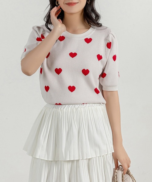 DAY CLOSET（デイ クローゼット）の「レディース 半袖レトロガーリーハイゲージニットトップス（ニット/セーター・レディース・ブラック/ホワイト/ブラック系その他/グレイッシュベージュ・FREE）」の7枚目の写真