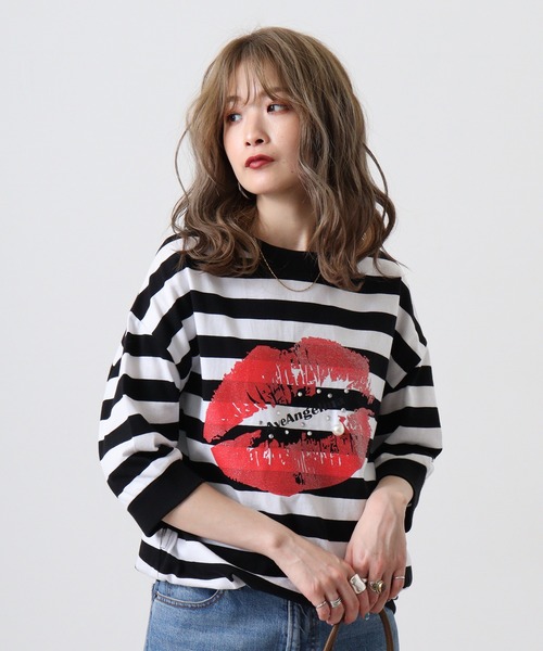 FUNALIVE(ファンアライブ)の「AveAngelina Printクチビル柄チュニックTEE(Tシャツ/カットソー・レディース・ブラック×ホワイト/グレー×ホワイト・FREE)」の4枚目の写真