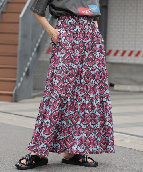 アフリカン　スカート 受注制作】アフリカ布のギャザースカート（ ウェーブ ）アフリカン