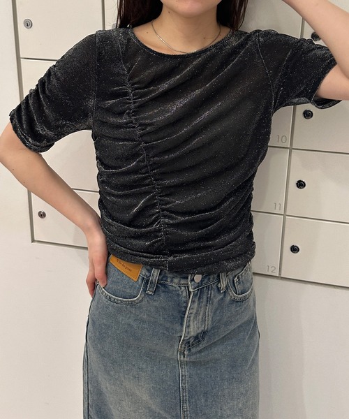 solleim（ソルレム）の「シアーシャーリングラメトップス（Tシャツ/カットソー・レディース・ブラック/シルバー/ベージュ・M）」の4枚目の写真