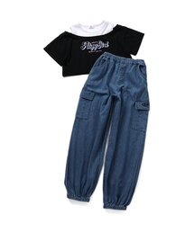 【上下セット】ドッキング風肩あきT&カーゴパンツセット