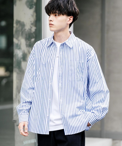 Rocky Monroe（ロッキーモンロー）の「オーバーサイズ 無地 チェック柄 ストライプ柄 レギュラーカラーブロードシャツ（シャツ/ブラウス・メンズ・ブルー系1/ブラック系/ブラック/ホワイト系/ブルー系/ブルー/ホワイト/グリーン/ブラック系1/オレンジ・M/XL/L）」の3枚目の写真