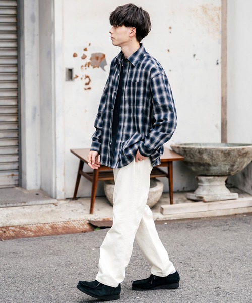 Rocky Monroe（ロッキーモンロー）の「オーバーサイズ 無地 チェック柄 ストライプ柄 レギュラーカラーブロードシャツ（シャツ/ブラウス・メンズ・ブルー系1/ブラック系/ブラック/ホワイト系/ブルー系/ブルー/ホワイト/グリーン/ブラック系1/オレンジ・M/XL/L）」の14枚目の写真