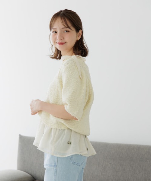 【美品】フラワーレースニット/パールボタン　ニットセーター 白 ルルウィルビー 美品 フラワーレース パールボタン ニット