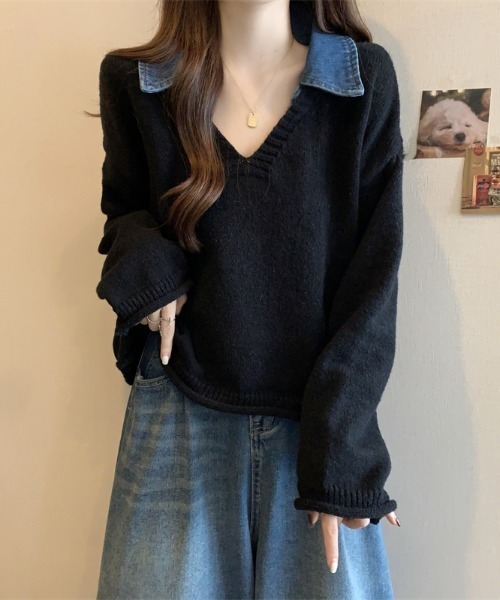 【セール】デニム襟ドッキングVネックニットトップス（ニット/セーター）｜N.s（エヌドットエス）