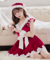 sugar nine（シュガーナイン）の「フレアスリーブ刺繍レースフレアサンタコスプレ【サンタコス 5点セット】（コスチューム/パーティーグッズ）」