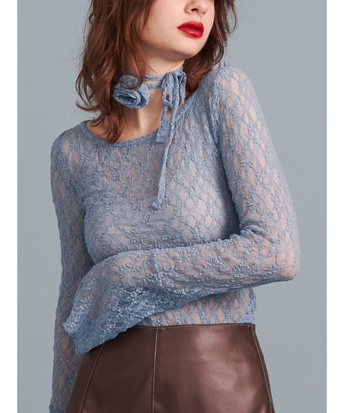 jouetie（ジュエティ）の「レースボディスーツシアートップス コサージュセット（Tシャツ/カットソー・レディース・ブラック/オフホワイト/ブルー・MEDIUM）」の10枚目の写真