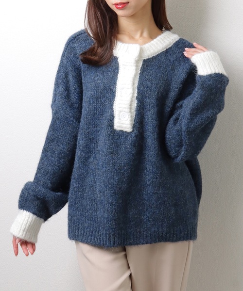 Lace Ladies(レースレディース)の「ヘンリーネック 配色 オーバー ニット プルオーバー(ニット/セーター・レディース・モカ/グレー/ネイビー・FREE/S)」の3枚目の写真