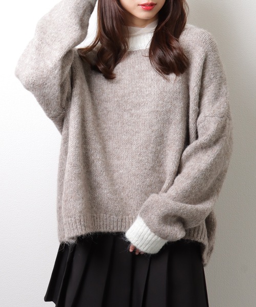 Lace Ladies(レースレディース)の「ヘンリーネック 配色 オーバー ニット プルオーバー(ニット/セーター・レディース・モカ/グレー/ネイビー・FREE/S)」の2枚目の写真