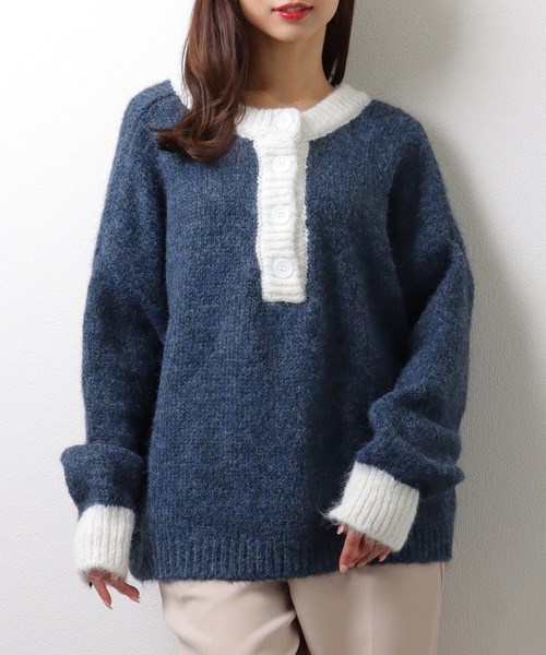 Lace Ladies(レースレディース)の「ヘンリーネック 配色 オーバー ニット プルオーバー(ニット/セーター・レディース・モカ/グレー/ネイビー・FREE/S)」の4枚目の写真