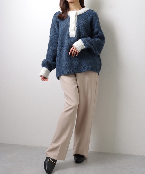 Lace Ladies(レースレディース)の「ヘンリーネック 配色 オーバー ニット プルオーバー(ニット/セーター・レディース・モカ/グレー/ネイビー・FREE/S)」の8枚目の写真