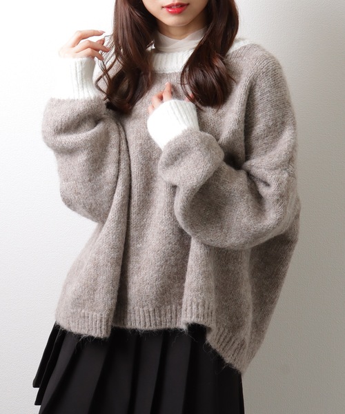 Lace Ladies(レースレディース)の「ヘンリーネック 配色 オーバー ニット プルオーバー(ニット/セーター・レディース・モカ/グレー/ネイビー・FREE/S)」の9枚目の写真