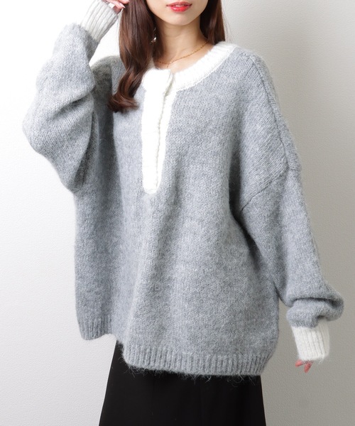 Lace Ladies(レースレディース)の「ヘンリーネック 配色 オーバー ニット プルオーバー(ニット/セーター・レディース・モカ/グレー/ネイビー・FREE/S)」の16枚目の写真