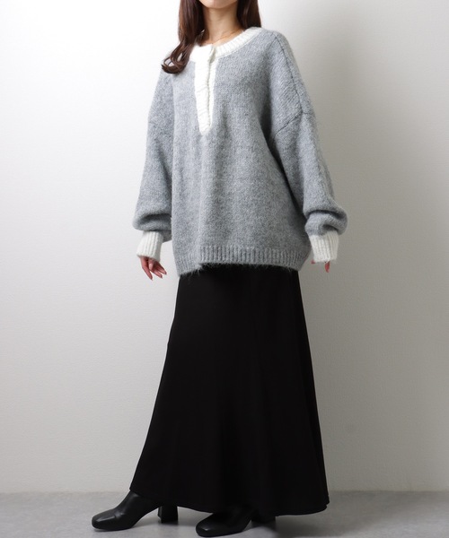 Lace Ladies(レースレディース)の「ヘンリーネック 配色 オーバー ニット プルオーバー(ニット/セーター・レディース・モカ/グレー/ネイビー・FREE/S)」の17枚目の写真