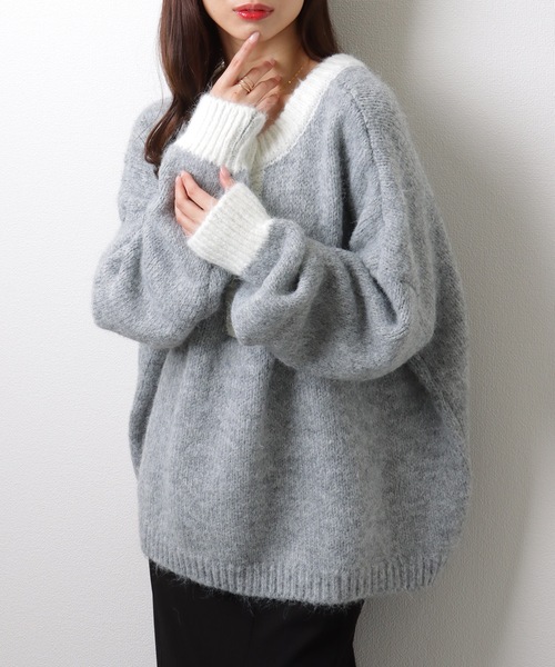 Lace Ladies(レースレディース)の「ヘンリーネック 配色 オーバー ニット プルオーバー(ニット/セーター・レディース・モカ/グレー/ネイビー・FREE/S)」の18枚目の写真