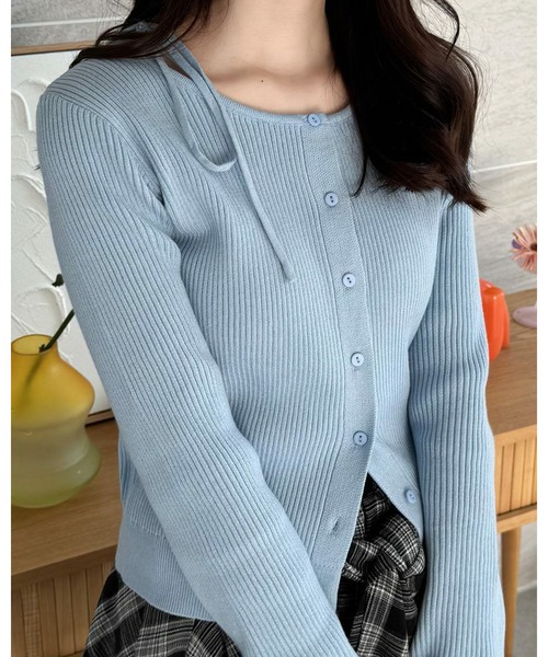 clear（クリア）の「肩リボンニットカーディガン[細見え　大人カジュアル] ≪2024AW新作≫（ニット/セーター・レディース・アイボリー/ブラウン/グレー/ブラック/サックスブルー・F）」の5枚目の写真