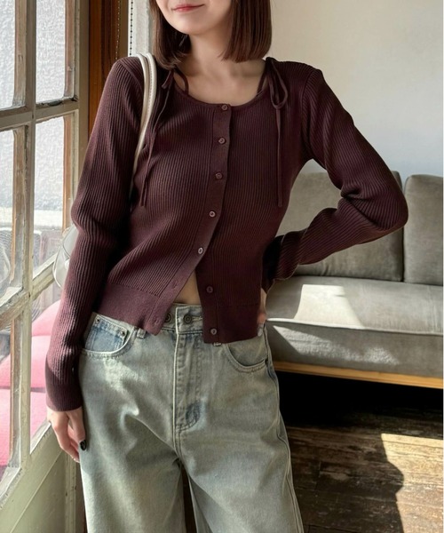 clear（クリア）の「肩リボンニットカーディガン[細見え　大人カジュアル] ≪2024AW新作≫（ニット/セーター・レディース・アイボリー/ブラウン/グレー/ブラック/サックスブルー・F）」の6枚目の写真