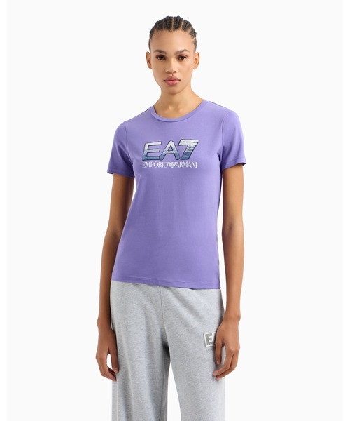 EMPORIO ARMANI EA7（エンポリオアルマーニイーエーセブン）の「【エンポリオ アルマーニ EA7】Logo Series クルーネックTシャツ ストレッチコットン スパンコールロゴ（Tシャツ/カットソー・レディース・ブラック/ホワイト/パープル・LARGE/SMALL/MEDIUM/X-SMALL）」の4枚目の写真