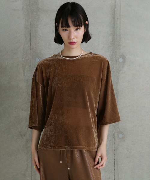 CHIGNON(シニヨン)の「(CHUGNON)ベロアメッシュTシャツ(Tシャツ/カットソー・レディース・ホワイト/ブラウン・ONE SIZE)」の1枚目の写真