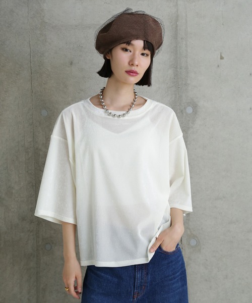 CHIGNON(シニヨン)の「(CHUGNON)ベロアメッシュTシャツ(Tシャツ/カットソー・レディース・ホワイト/ブラウン・ONE SIZE)」の6枚目の写真