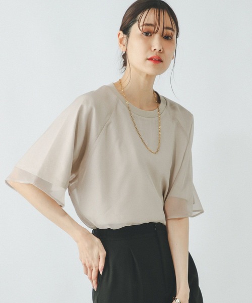 [GLOBAL WORK]ボーダー シフォンドッキングカットソー緑系LサイズOK GLOBAL WORK]ボーダー シフォンドッキングカットソー緑系LサイズOK
