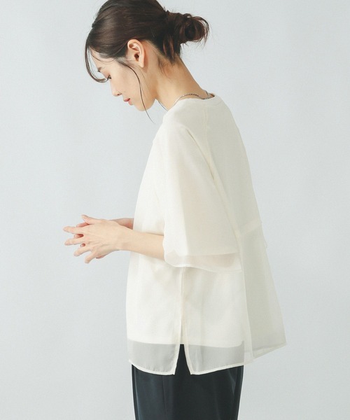 GLOBAL WORK（グローバルワーク）の「シフォンドッキング7分袖/325954（Tシャツ/カットソー・レディース・ブラック/グレイッシュベージュ/アイボリー/ライトグレー・MEDIUM/LARGE）」の19枚目の写真