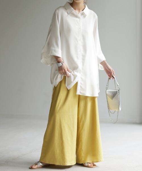 HUG.U（ハグユー）の「ダブルコットン ワイドパンツ（その他パンツ・レディース・ブラック/ベージュ/ネイビー/ホワイト/グリーン/カーキ/イエロー/ブラック系その他/レッド系その他/ブルー系その他・M(トール丈)/L(トール丈)/L(レギュラー丈)/M(レギュラー丈)）」の14枚目の写真