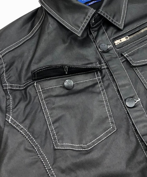 London Denim(ロンドンデニム)の「Erith Denim Shirt/ブラックコーティング オーバーシャツ ブルゾン(デニムジャケット・メンズ・ブラック・SMALL/MEDIUM)」の11枚目の写真